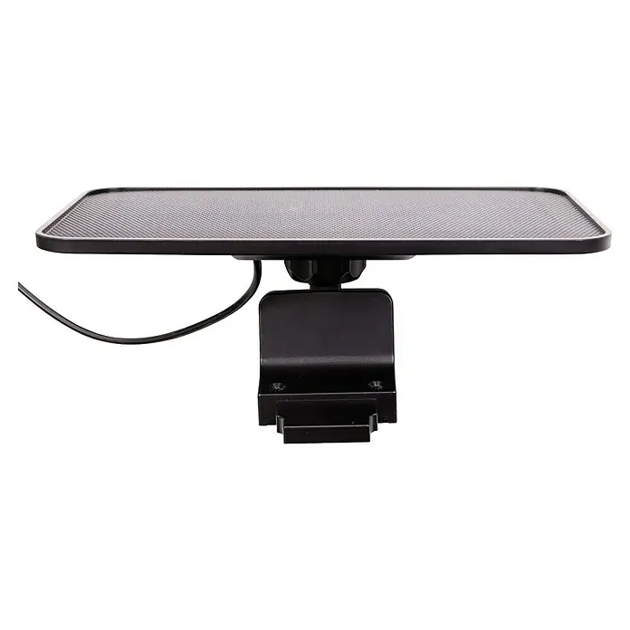 Arte confort Aplique solar para exterior Seyla - 3,5 W, Blanco neutro, Negro - Imagen de una plancha negra cuadrada con una superficie estriada montada sobre un soporte oscuro y cable eléctrico.