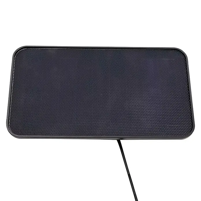 Arte confort Aplique solar para exterior Seyla - 3,5 W, Blanco neutro, Negro - Primer plano de un altavoz Bluetooth rectangular negro con una rejilla texturizada y un marco elegante sobre un fondo negro.