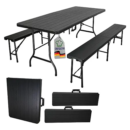 Chefgastro  Gartentisch-Set 3-teilig klappbar, 1x Buffettisch & 2x Bierbank, Bierzeltgarnitur