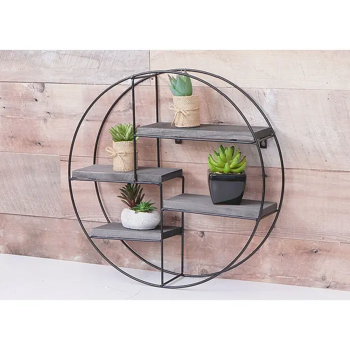 Berlinlodge Holzregal Wandregal rund - Anzahl Böden: 4 Stk., Einhängen, Grau - Wandregal aus schwarzem Metall mit 4 grauen Holzregalen, die mit verschiedenen Sukkulenten bepflanzt sind, die eine attraktive und dekorative Note verleihen.