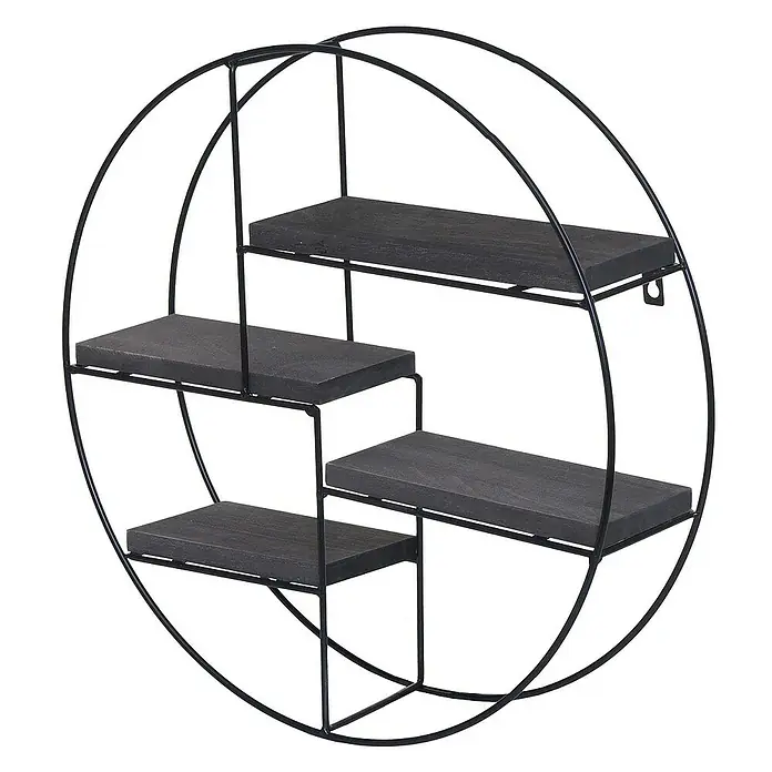 Berlinlodge Holzregal Wandregal rund - Anzahl Böden: 4 Stk., Einhängen, Grau - Runder Wandregal mit vier grauen Holzablagen, gehalten von einem schwarzen Metallrahmen. Ideal für dekorative Gegenstände oder kleine Pflanzen.