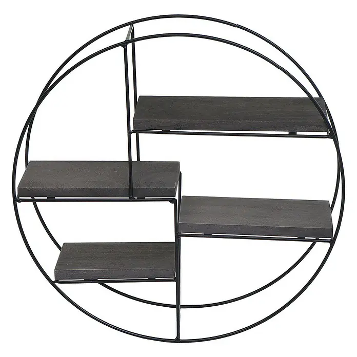 Berlinlodge Holzregal Wandregal rund - Anzahl Böden: 4 Stk., Einhängen, Grau - Modernes rundes Wandregal mit vier grauen Holzplatten und schwarzem Metallrahmen. Stilvolle Dekoration für jeden Raum.