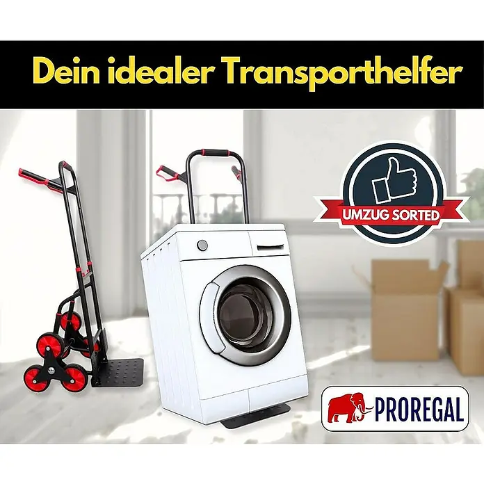 Proregal Treppen-Sackkarre TAURUS mit klappbarer Schaufel, 250 kg Traglast & Vollgummibereifung - Stahl, Traglast: 250 kg - Das Bild zeigt einen Transporthelfer von Proregal mit einer Waschmaschine und Kartons im Hintergrund.