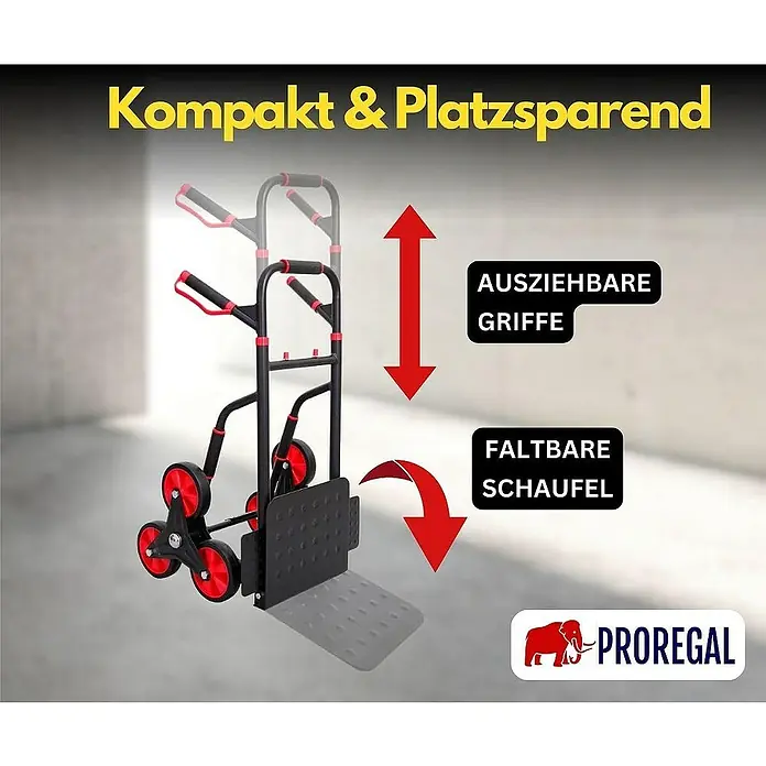 Proregal Treppen-Sackkarre TAURUS mit klappbarer Schaufel, 250 kg Traglast & Vollgummibereifung - Stahl, Traglast: 250 kg - Bild eines kompakten und platzsparenden Treppensteigers mit ausziehbaren Griffen und faltbarer Schaufel.