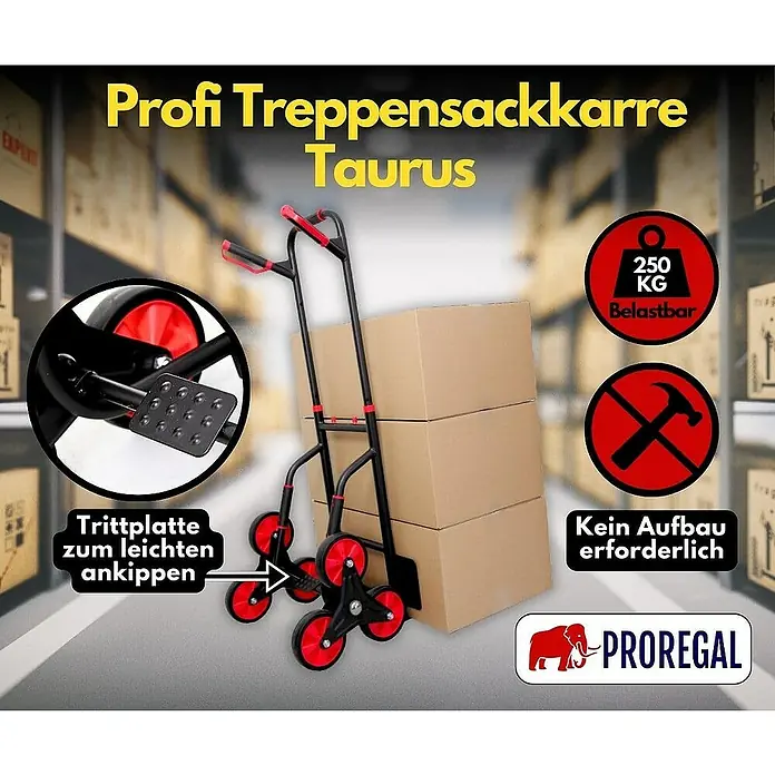 Proregal Treppen-Sackkarre TAURUS mit klappbarer Schaufel, 250 kg Traglast & Vollgummibereifung - Stahl, Traglast: 250 kg - Produktbild einer Profi Treppensackkarre Taurus mit roten Details, belastbar bis 250 KG, kein Aufbau erforderlich.