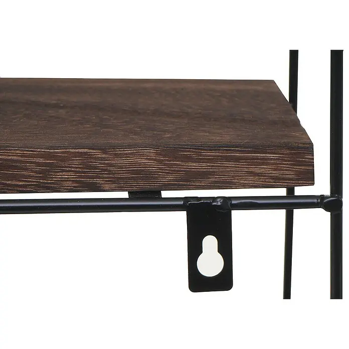 Berlinlodge Holzregal Wandregal rund - H x B x T: 45 x 45 x 11 cm, Anzahl Böden: 4 Stk., Einhängen, Braun - Nahaufnahme eines Wandregals aus dunklem Holz mit schwarzem Metallrahmen und Schlüsselbefestigung.
