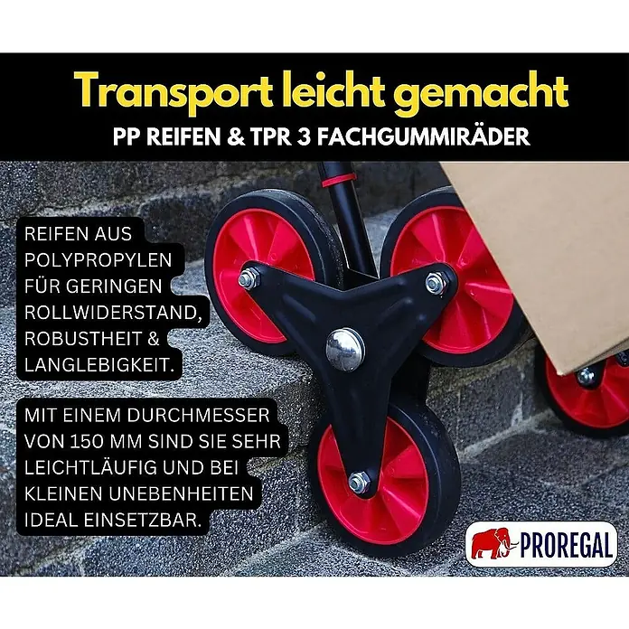 Proregal Treppen-Sackkarre TAURUS mit klappbarer Schaufel, 250 kg Traglast & Vollgummibereifung - Stahl, Traglast: 250 kg - Nahaufnahme der dreirädrigen Treppensteiger-Räder mit roter Felge und schwarzem Gummi.