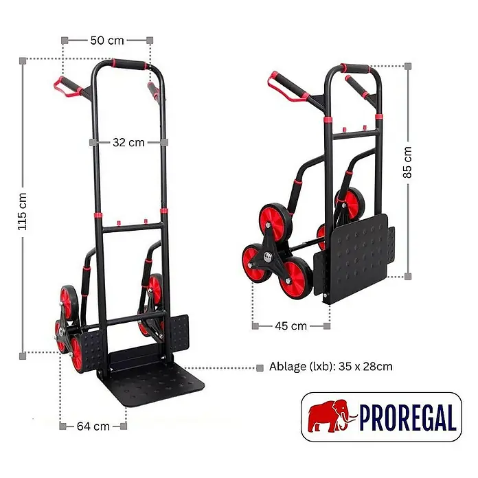 Proregal Treppen-Sackkarre TAURUS mit klappbarer Schaufel, 250 kg Traglast & Vollgummibereifung - Stahl, Traglast: 250 kg - Eine Treppensteiger-Sackkarre mit den Maßen 115 cm Höhe, 50 cm Breite, 64 cm Tiefe und einer Ablage von 35 x 28 cm.