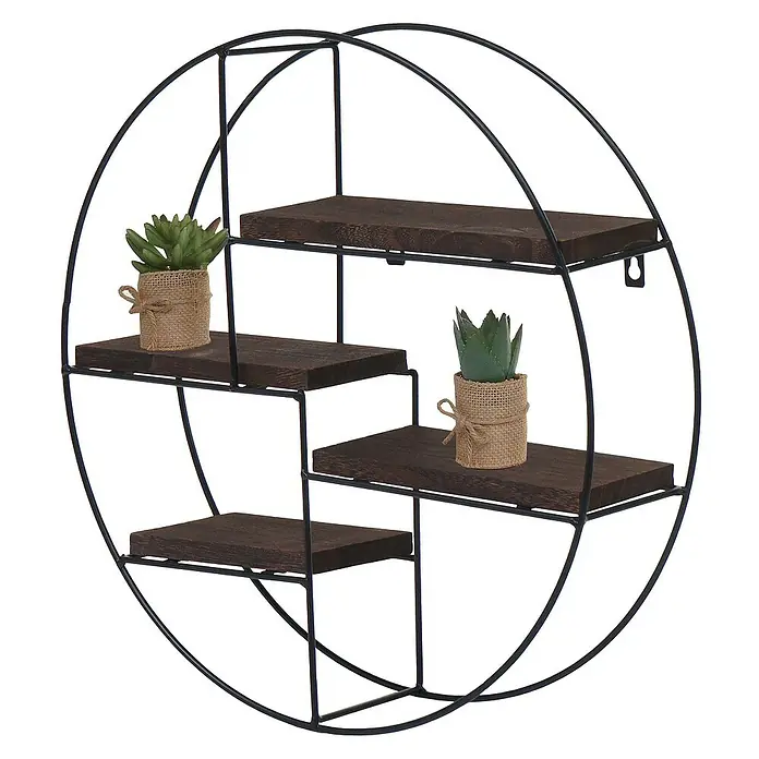 Berlinlodge Holzregal Wandregal rund - H x B x T: 45 x 45 x 11 cm, Anzahl Böden: 4 Stk., Einhängen, Braun - Ein rundes Wandregal aus Metall mit Holzablagen und zwei kleinen Kunstpflanzen.