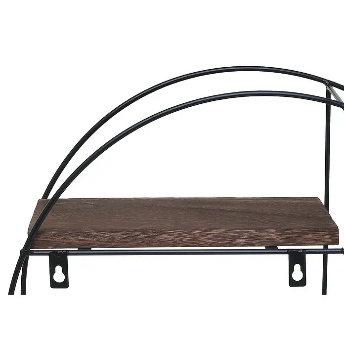 Berlinlodge Holzregal Wandregal rund - H x B x T: 45 x 45 x 11 cm, Anzahl Böden: 4 Stk., Einhängen, Braun - Nahaufnahme eines dekorativen Wandregals mit dunklem Holzbrett und schwarzem Metallgestell für stilvolle Wanddekoration.