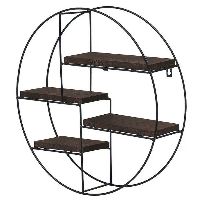 Berlinlodge Holzregal Wandregal rund - H x B x T: 45 x 45 x 11 cm, Anzahl Böden: 4 Stk., Einhängen, Braun - Runde Wandregal mit vier dunklen Holzablagen und schwarzem Metallrahmen. Perfekt für dekorative Akzente und praktische Aufbewahrung.
