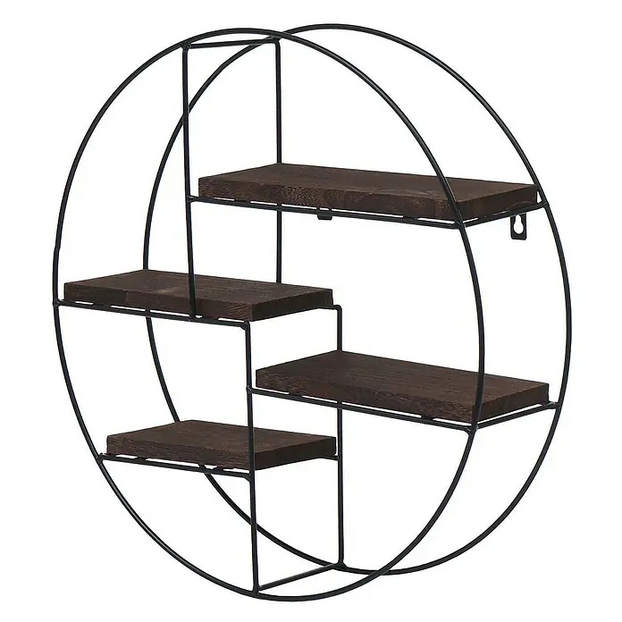 Berlinlodge Holzregal Wandregal rund - H x B x T: 45 x 45 x 11 cm, Anzahl Böden: 4 Stk., Einhängen, Braun - Rundes Wandregal mit vier braunen Holzablagen und einem schwarzen Metallrahmen für eine moderne Dekoration.