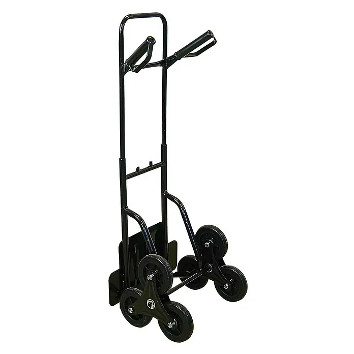 Proregal Treppen-Sackkarre ODIN ALL BLACK mit klappbarer Schaufel & Vollgummibereifung - Stahl, Traglast: 200 kg - Bild eines Treppensteigers, einem schwarzen Trolley mit sechs Rädern in dreieckiger Anordnung, ideal für den Transport von Lasten über Treppen.