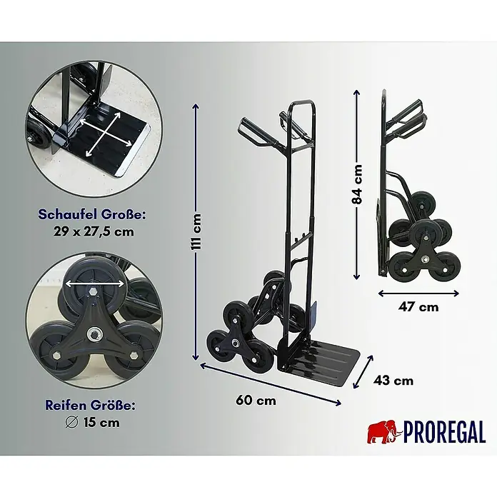 Proregal Treppen-Sackkarre ODIN ALL BLACK mit klappbarer Schaufel & Vollgummibereifung - Stahl, Traglast: 200 kg - Produktdetailaufnahme der Treppensteiger-Sackkarre mit Maßangaben zu Schaufel, Reifen und Abmessungen.\n