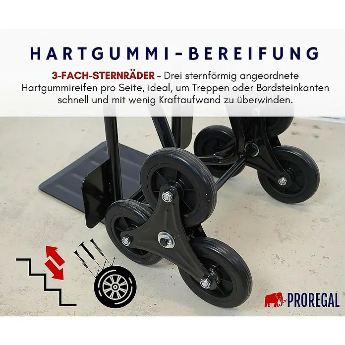 Proregal Treppen-Sackkarre ODIN ALL BLACK mit klappbarer Schaufel & Vollgummibereifung - Stahl, Traglast: 200 kg - Hartgummi-Bereifung mit 3-Fach-Sternrädern für Treppen oder Bordsteinkanten. Ideal, um Hindernisse schnell und kraftsparend zu überwinden.