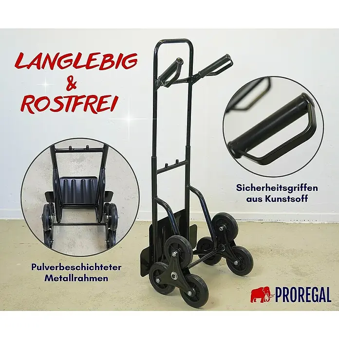 Proregal Treppen-Sackkarre ODIN ALL BLACK mit klappbarer Schaufel & Vollgummibereifung - Stahl, Traglast: 200 kg - Produktabbildung einer schwarzen Treppensteiger-Sackkarre mit Sicherheitsgriffen aus Kunststoff und pulverbeschichtetem Metallrahmen.