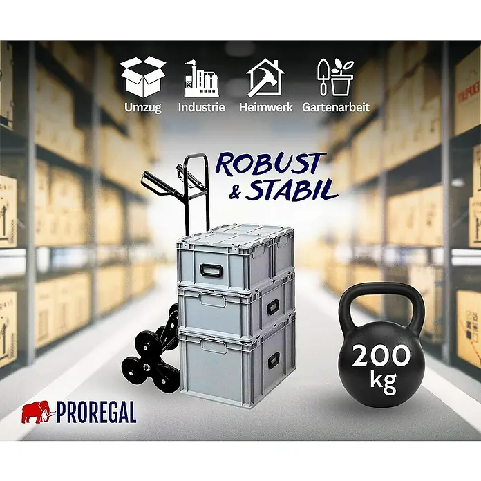 Proregal Treppen-Sackkarre ODIN ALL BLACK mit klappbarer Schaufel & Vollgummibereifung - Stahl, Traglast: 200 kg - Produktbild mit stabilen Lagerboxen, einer Treppenkarre und einer 200 kg schweren Kettlebell. Ideal für Umzug, Industrie, Heimwerk und Gartenarbeit.