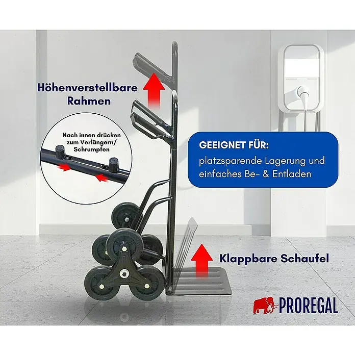 Proregal Treppen-Sackkarre ODIN ALL BLACK mit klappbarer Schaufel & Vollgummibereifung - Stahl, Traglast: 200 kg - Produktbild einer Treppensteiger-Sackkarre mit verstellbarem Rahmen und klappbarer Schaufel für platzsparende Lagerung.