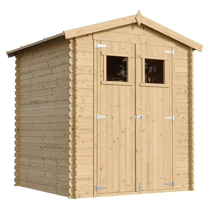 Timbela Gerätehaus M320 - Außenmaß inkl. Dachüberstand (B x T): 196 x 196 cm, Holz, Natur, Ohne Fußboden - Nahaufnahme eines Holzschuppens mit Doppeltüren und kleinen Fenstern unter dem Giebeldach.