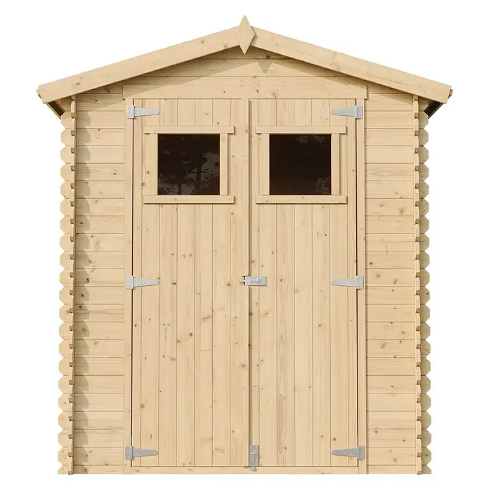 Timbela Gerätehaus M320 - Außenmaß inkl. Dachüberstand (B x T): 196 x 196 cm, Holz, Natur, Ohne Fußboden - Ein hölzernes Gartenhaus mit Doppeltür und zwei Fenstern präsentiert sich vor einem neutralen Hintergrund.