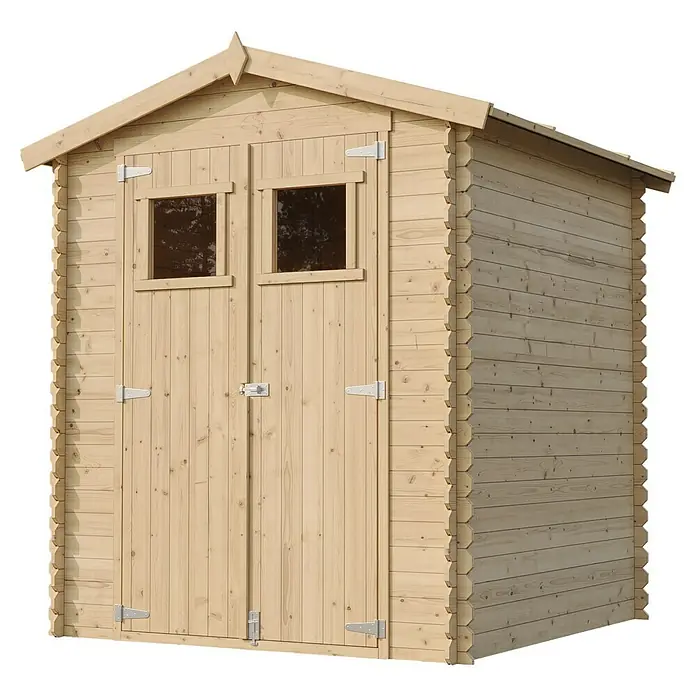 Timbela Gerätehaus M320 - Außenmaß inkl. Dachüberstand (B x T): 196 x 196 cm, Holz, Natur, Ohne Fußboden - Holzgartenhaus mit Doppeltür und kleinen Fenstern oben. Ideal zur Aufbewahrung von Gartengeräten und -möbeln.