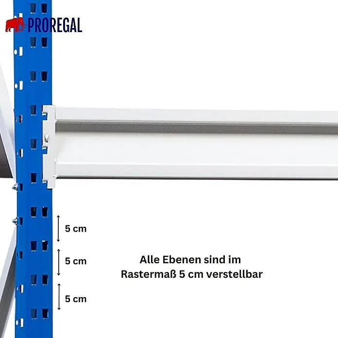 Proregal Schwerlastregal Weitspannregal MAXIMUS - H x B x T: 250 x 150 x 40 cm, Traglast pro Boden: 475 kg, Anzahl Böden: 5 Stk., Stecken, Lichtblau/Lichtgrau - Detailansicht eines blauen Lagerregals von Proregal mit einer weißen Regalebene. Die Ebenen sind im Rastermaß von 5 cm verstellbar.