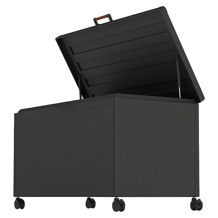 Kissenbox Mirador Life - L x B x H: 141,6 x 72 x 70 cm, Metall, Anthrazit - Eine schwarze, offene Aufbewahrungsbox mit Rädern für den Außenbereich. Ideal zur Lagerung von Gartenutensilien und Spielzeug.