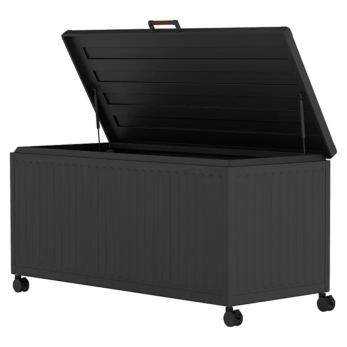 Kissenbox Mirador Life - L x B x H: 164,8 x 72 x 70 cm, Metall, Anthrazit - Eine schwarze wetterfeste Aufbewahrungsbox für den Außenbereich mit offenem Deckel, ideal zur Lagerung von Gartenutensilien und mehr.