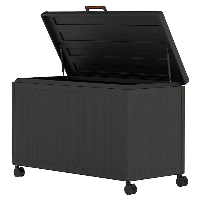 Kissenbox Mirador Life - L x B x H: 130 x 60,4 x 70 cm, Metall, Anthrazit - Schwarze Gartenbox mit Rädern und aufklappbarem Deckel. Die Box bietet Stauraum für Gartenutensilien und ist leicht zu bewegen.
