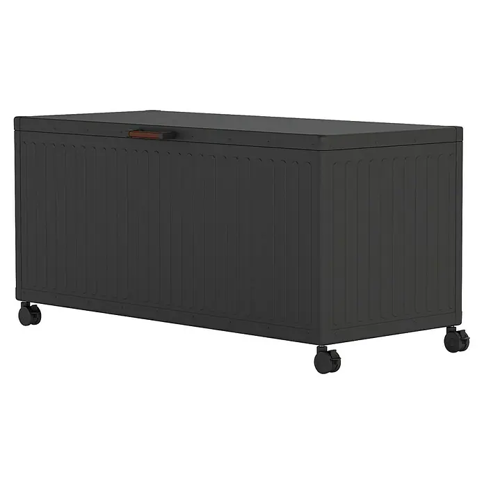 Kissenbox Mirador Life - L x B x H: 164,8 x 72 x 70 cm, Metall, Anthrazit - Eine graue Gartenbox auf Rädern mit einem Griff zum einfachen Bewegen und Aufbewahren von Gartenzubehör.