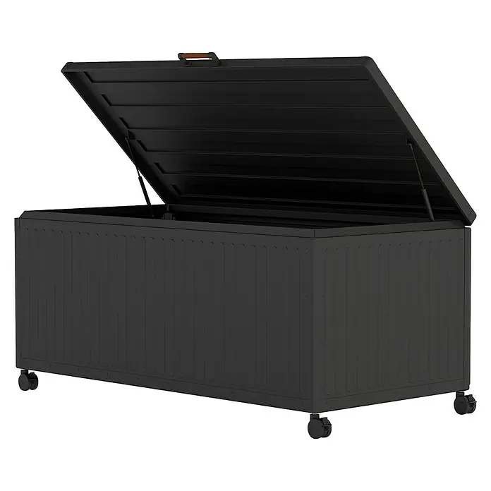 Kissenbox Mirador Life - L x B x H: 182,2 x 89,4 x 70 cm, Metall, Anthrazit - Eine große, graue Gartenbox mit offenem Deckel, die Stauraum im Außenbereich bietet und auf Rollen für einfaches Bewegen steht.