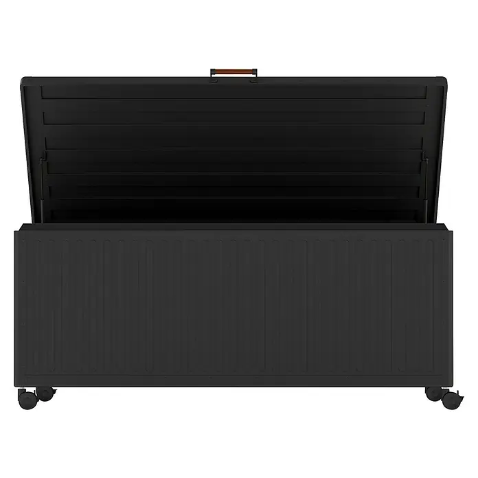 Kissenbox Mirador Life - L x B x H: 182,2 x 89,4 x 70 cm, Metall, Anthrazit - Ein offener, schwarzer Outdoor-Aufbewahrungsschrank mit einem Holzgriff am Deckel. Ideal für die Gartenaufbewahrung.