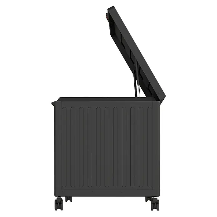 Kissenbox Mirador Life - L x B x H: 141,6 x 72 x 70 cm, Metall, Anthrazit - Das Bild zeigt eine graue, halb geöffnete Aufbewahrungsbox mit vertikalen Streifen und Rollen, ideal zur Aufbewahrung im Freien oder im Garten.