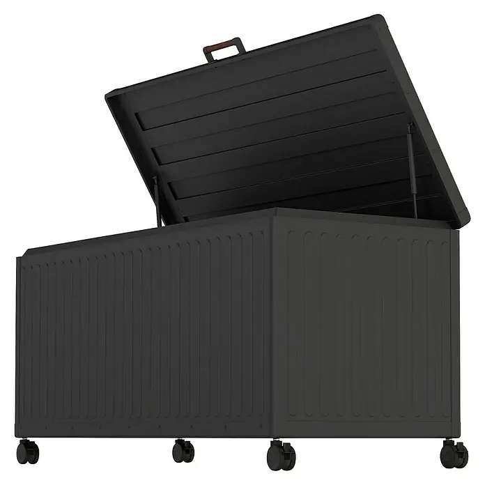 Auflagenbox Mirador Life - 1.648 x 72 x 70 cm, Metall, Anthrazit - Das Bild zeigt eine schwarze Aufbewahrungsbox mit Rädern und einem aufklappbaren Deckel. Die Box ist ideal für die Lagerung im Freien.
