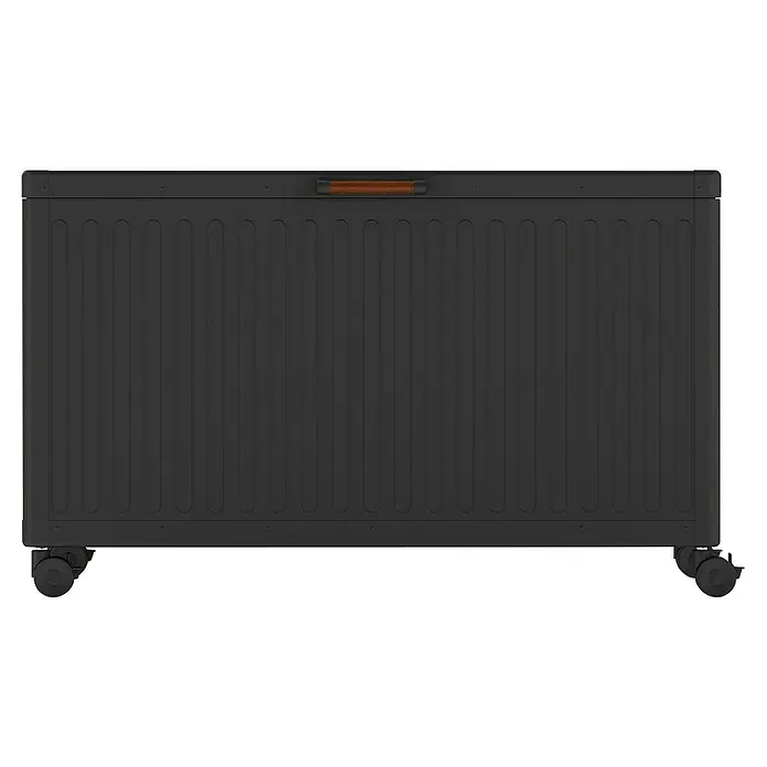 Kissenbox Mirador Life - L x B x H: 130 x 60,4 x 70 cm, Metall, Anthrazit - Eine Nahaufnahme eines schwarzen Heizkörpers mit Holzgriff und Rädern auf einem schwarzen Hintergrund.