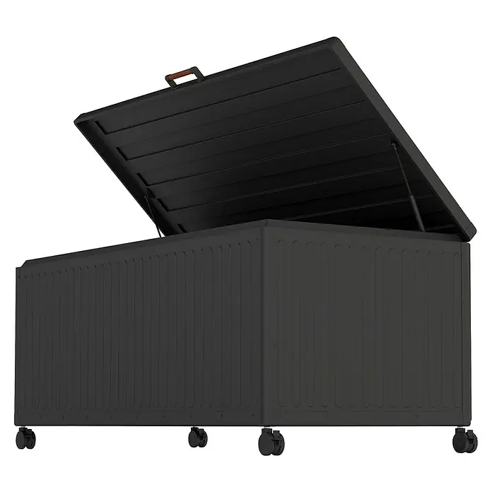 Auflagenbox Mirador Life - 1.822 x 894 x 70 cm, Metall, Anthrazit - Dunkelgraue Aufbewahrungsbox mit geöffnetem Deckel, ideal für Garten oder Terrasse. Praktisch, robust und wetterfest.