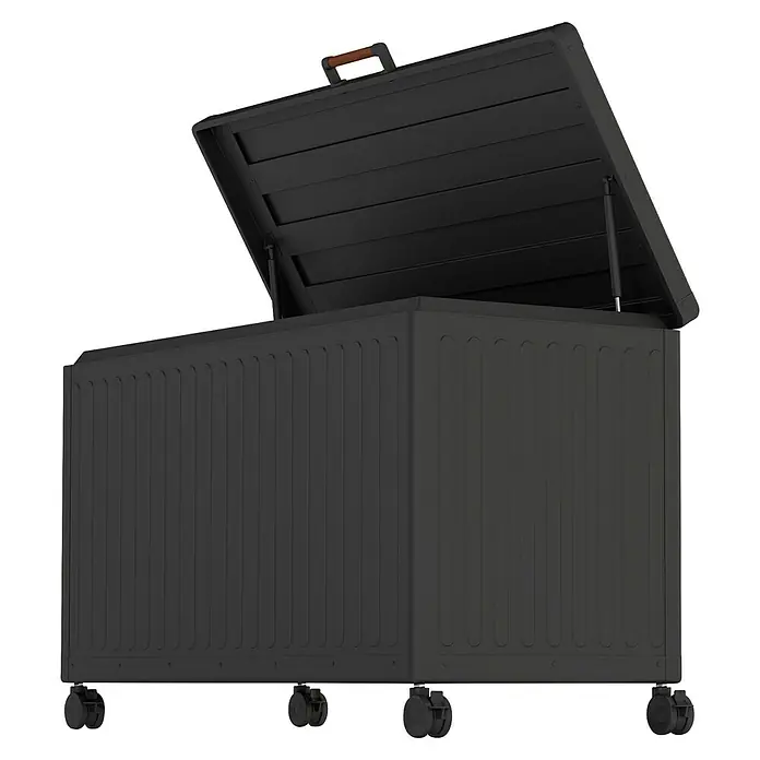 Kissenbox Mirador Life - L x B x H: 130 x 60,4 x 70 cm, Metall, Anthrazit - Schwarze, rollbare Aufbewahrungsbox mit geöffnetem Deckel. Praktische Lösung für Garten, Terrasse oder Balkon zur ordentlichen Lagerung.