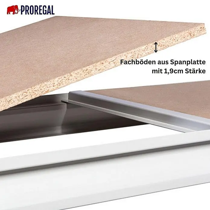 Proregal Schwerlastregal Weitspannregal MAXIMUS - H x B x T: 250 x 200 x 80 cm, Traglast pro Boden: 400 kg, Anzahl Böden: 4 Stk., Stecken, Lichtblau/Lichtgrau - Detailaufnahme eines Proregal Fachbodens aus Spanplatte mit 1,9cm Stärke. Ideal für Lagerregale und mehr Stauraum.