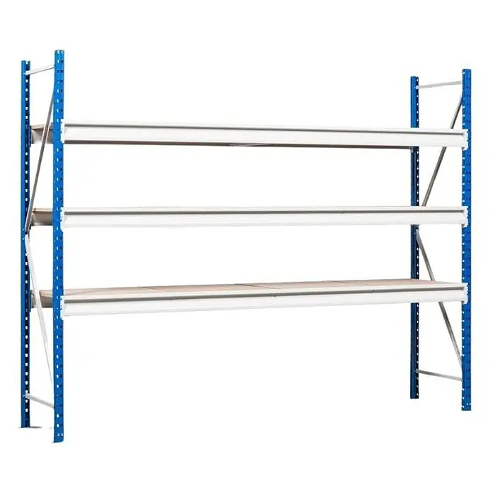 Proregal Schwerlastregal Weitspannregal MAXIMUS Pro - H x B x T: 200 x 225 x 60 cm, Traglast pro Boden: 610 kg, Anzahl Böden: 2 Stk., Stecken, Lichtblau/Lichtgrau - Ein blaues Lagerregal mit drei Ebenen und weißen Regalbalken, ideal zur Organisation von Waren und Materialien in Lagerhäusern oder Garagen.