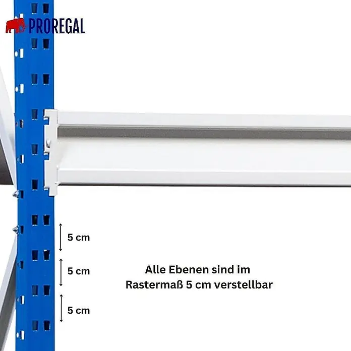 Proregal Schwerlastregal Weitspannregal MAXIMUS Pro - H x B x T: 200 x 225 x 60 cm, Traglast pro Boden: 610 kg, Anzahl Böden: 2 Stk., Stecken, Lichtblau/Lichtgrau - Detailaufnahme eines PROREGAL-Regalsystems, das die modulare Bauweise mit 5 cm Raster für flexible Fachbodenanpassung zeigt.