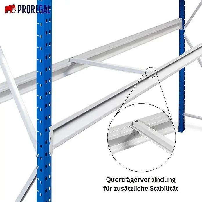 Proregal Schwerlastregal Weitspannregal MAXIMUS Pro - H x B x T: 200 x 225 x 60 cm, Traglast pro Boden: 610 kg, Anzahl Böden: 2 Stk., Stecken, Lichtblau/Lichtgrau - Abbildung eines Proregal-Lagerregals mit blauem Rahmen und silbernen Querträgern für zusätzliche Stabilität.\n