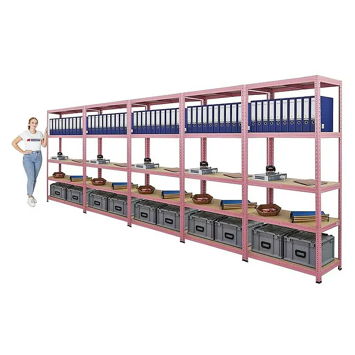 Proregal Schwerlastregal Wohnregal Mega Deal PINK LADY - H x B x T: 180 x 90 x 40 cm, Traglast pro Boden: 175 kg, Anzahl Böden: 5 Stk., Stecken, Pink - Rosa Regalsystem mit mehreren Ablagen, gefüllt mit Ordnern, Kisten und Deko-Objekten. Ideal für Büro oder Lager, bietet viel Stauraum und ist ein echter Hingucker.