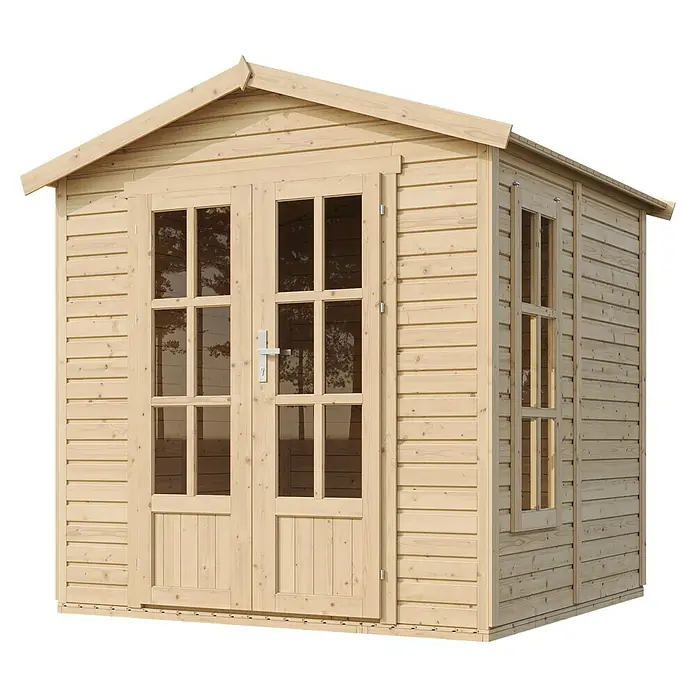 Timbela Gerätehaus M351FB+H351FBRED - Außenmaß inkl. Dachüberstand (B x T): 233 x 222 cm, Holz, Natur, Mit roten Bitumenschindeln - Ein helles Holzgartenhaus mit Doppeltüren und Fenstern, ideal für die Gartenaufbewahrung und als stilvoller Akzent im Garten.