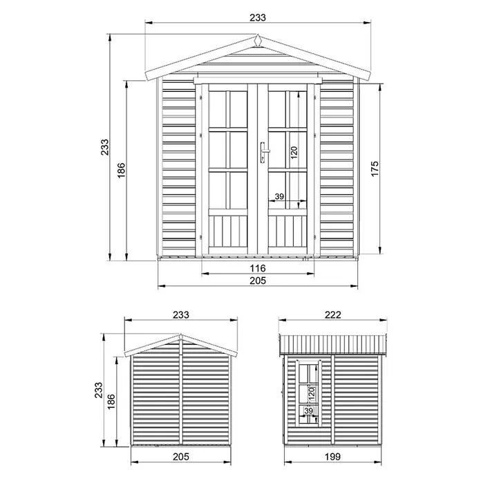 Timbela Gerätehaus M351FB+H351FBRED - Außenmaß inkl. Dachüberstand (B x T): 233 x 222 cm, Holz, Natur, Mit roten Bitumenschindeln - Technische Zeichnung eines Gartenhauses mit Maßangaben zu Höhe, Breite und Tiefe.