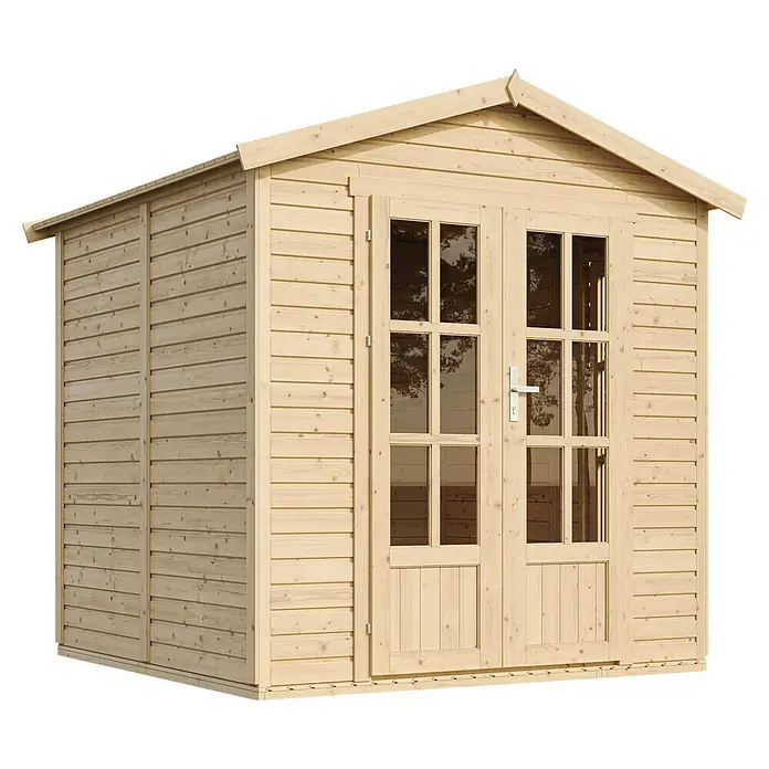 Timbela Gerätehaus M351FB+H351FBRED - Außenmaß inkl. Dachüberstand (B x T): 233 x 222 cm, Holz, Natur, Mit roten Bitumenschindeln - Hölzernes Gartenhaus mit Doppeltür und Fenstern. Ideal für die Aufbewahrung von Gartengeräten und -möbeln. Robuste Bauweise für lange Haltbarkeit.