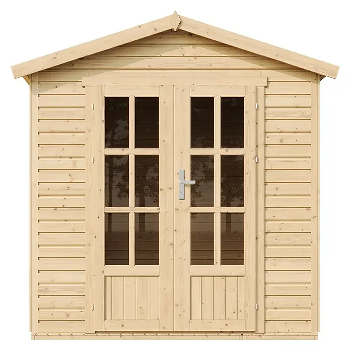 Timbela Gerätehaus M351FB+H351FBRED - Außenmaß inkl. Dachüberstand (B x T): 233 x 222 cm, Holz, Natur, Mit roten Bitumenschindeln - Das Bild zeigt ein Gartenhaus mit Doppeltür und Fenstern. Die Holzhütte hat ein Satteldach und eine natürliche Holzfarbe.