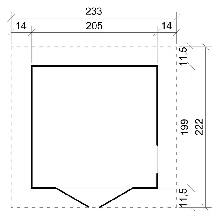 Timbela Gerätehaus M351FB+H351FBRED - Außenmaß inkl. Dachüberstand (B x T): 233 x 222 cm, Holz, Natur, Mit roten Bitumenschindeln - Draufsicht des Produkts mit Größenangaben. Die Gesamtlänge beträgt 233 cm und die Breite 222 cm. Die Tiefe des Produkts beträgt 205 cm.