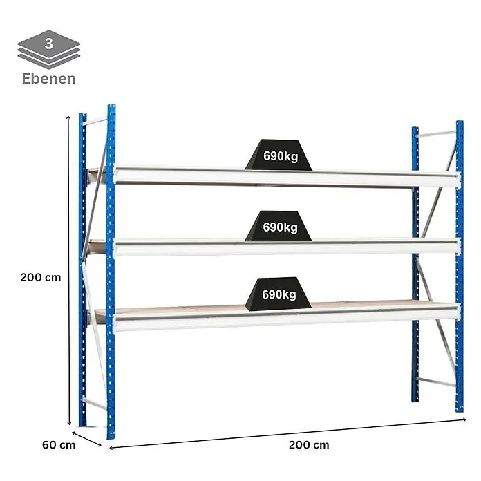 Proregal Schwerlastregal Weitspannregal MAXIMUS Pro - H x B x T: 200 x 200 x 60 cm, Traglast pro Boden: 690 kg, Anzahl Böden: 3 Stk., Stecken, Lichtblau/Lichtgrau - Produktbild eines blauen Schwerlastregals mit drei Ebenen, ideal für Lagerung mit Maßen 200x60x200 cm und einer Traglast von 690 kg pro Ebene.