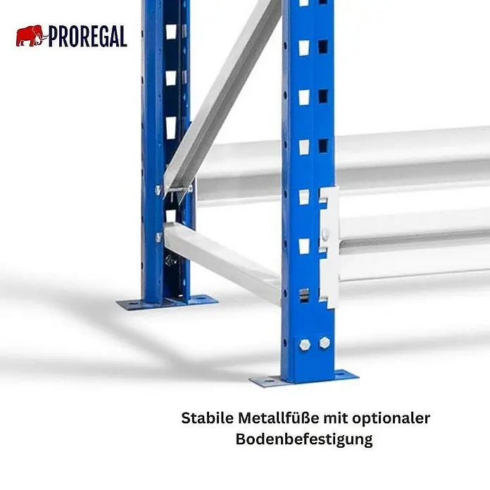 Proregal Schwerlastregal Weitspannregal MAXIMUS Pro - H x B x T: 200 x 200 x 60 cm, Traglast pro Boden: 690 kg, Anzahl Böden: 3 Stk., Stecken, Lichtblau/Lichtgrau - Bild eines blauen Proregal-Lagerregals mit stabilen Metallfüßen und optionaler Bodenbefestigung für erhöhte Sicherheit.