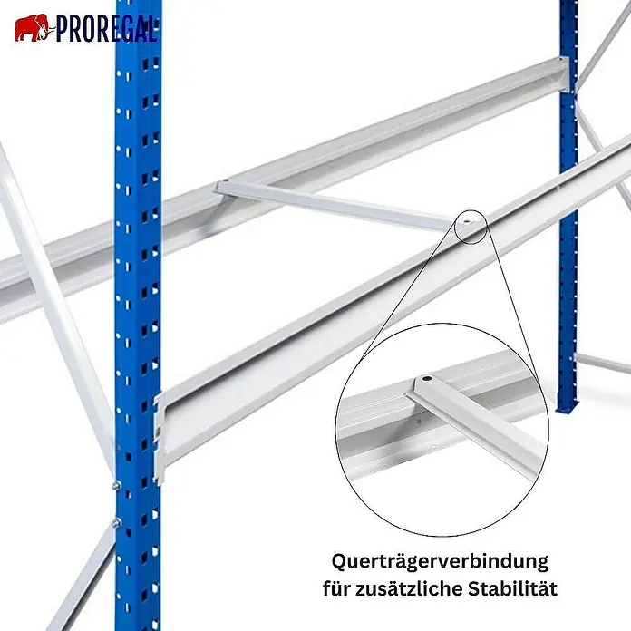 Proregal Schwerlastregal Weitspannregal MAXIMUS Pro - H x B x T: 200 x 200 x 60 cm, Traglast pro Boden: 690 kg, Anzahl Böden: 3 Stk., Stecken, Lichtblau/Lichtgrau - Detailaufnahme eines Proregal-Lagersystems, das die Querträgerverbindung für zusätzliche Stabilität hervorhebt.